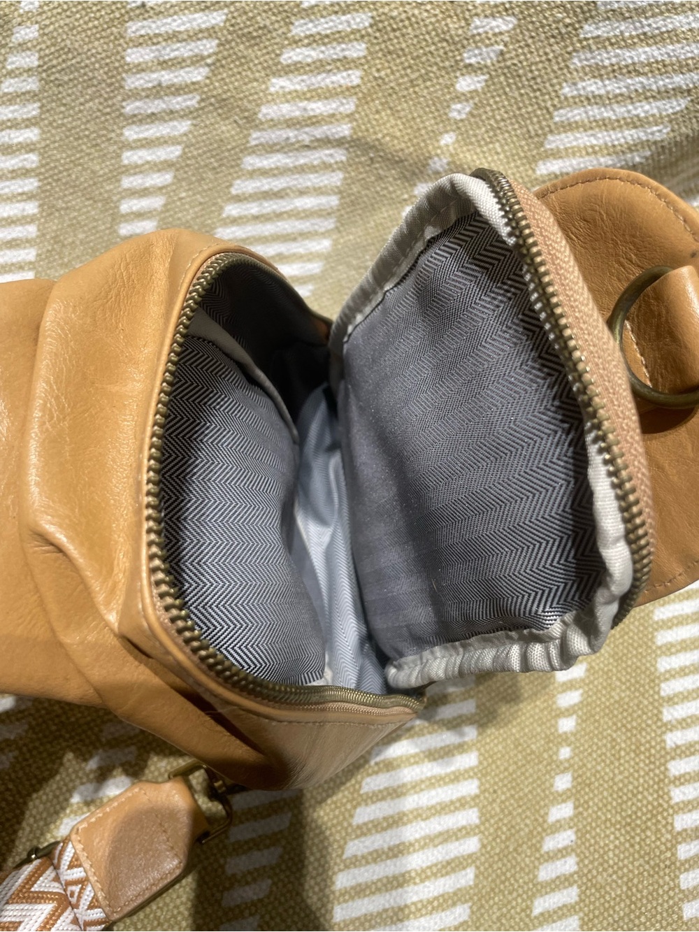 Tan Crossbody Sling Bag with Patterned Strap - Picture 16 of 16